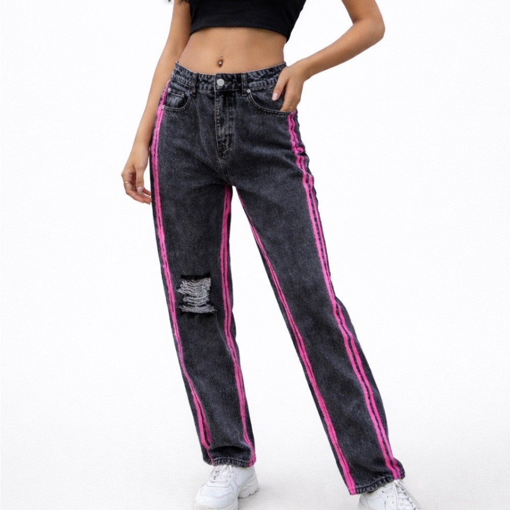 Adika Pink Stripe Jeans Gray Painted Stripe Size Medium Distressed